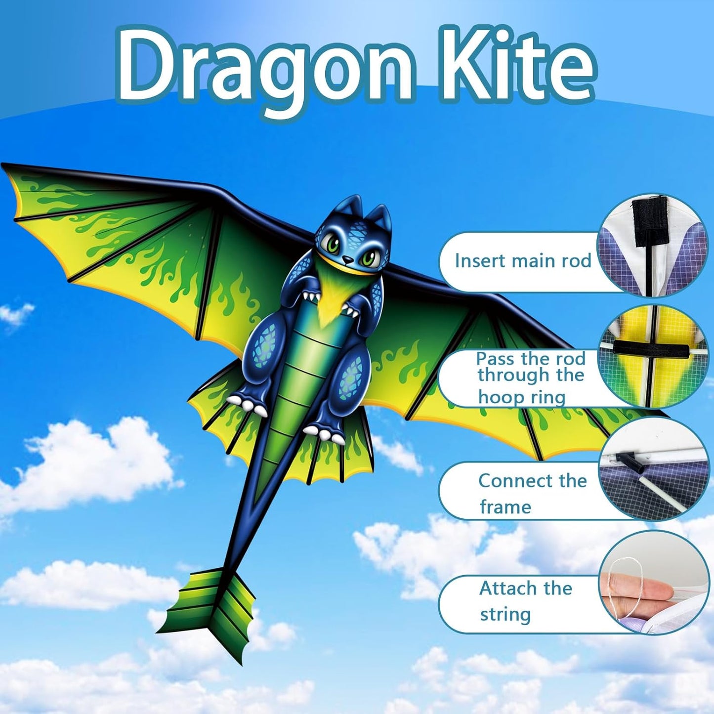Large Dragon Kite for Children and Adults, Green Dinosaur Kite with 328ft Kite String and Kite Bag, Easy to Fly Kite, Kites for Beach Trip Outdoor Family Activities Party Games
