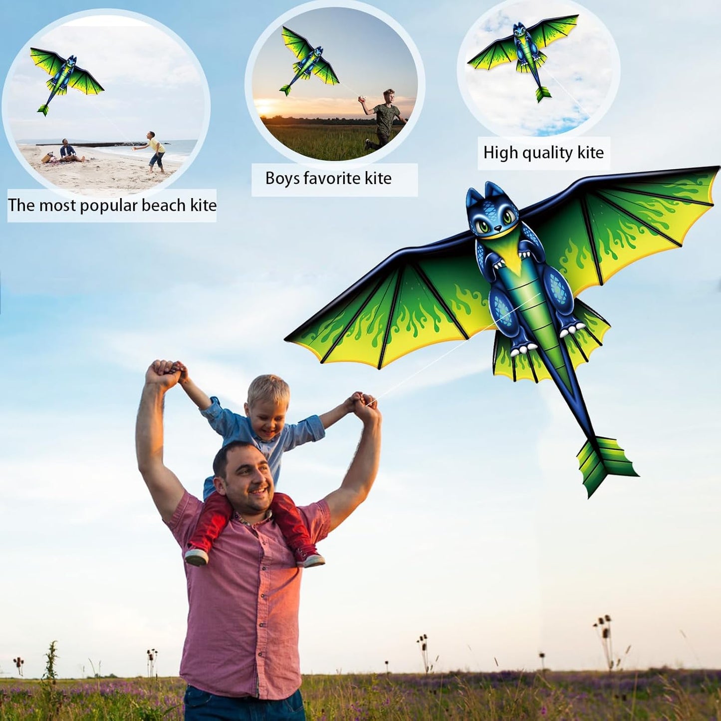 Large Dragon Kite for Children and Adults, Green Dinosaur Kite with 328ft Kite String and Kite Bag, Easy to Fly Kite, Kites for Beach Trip Outdoor Family Activities Party Games