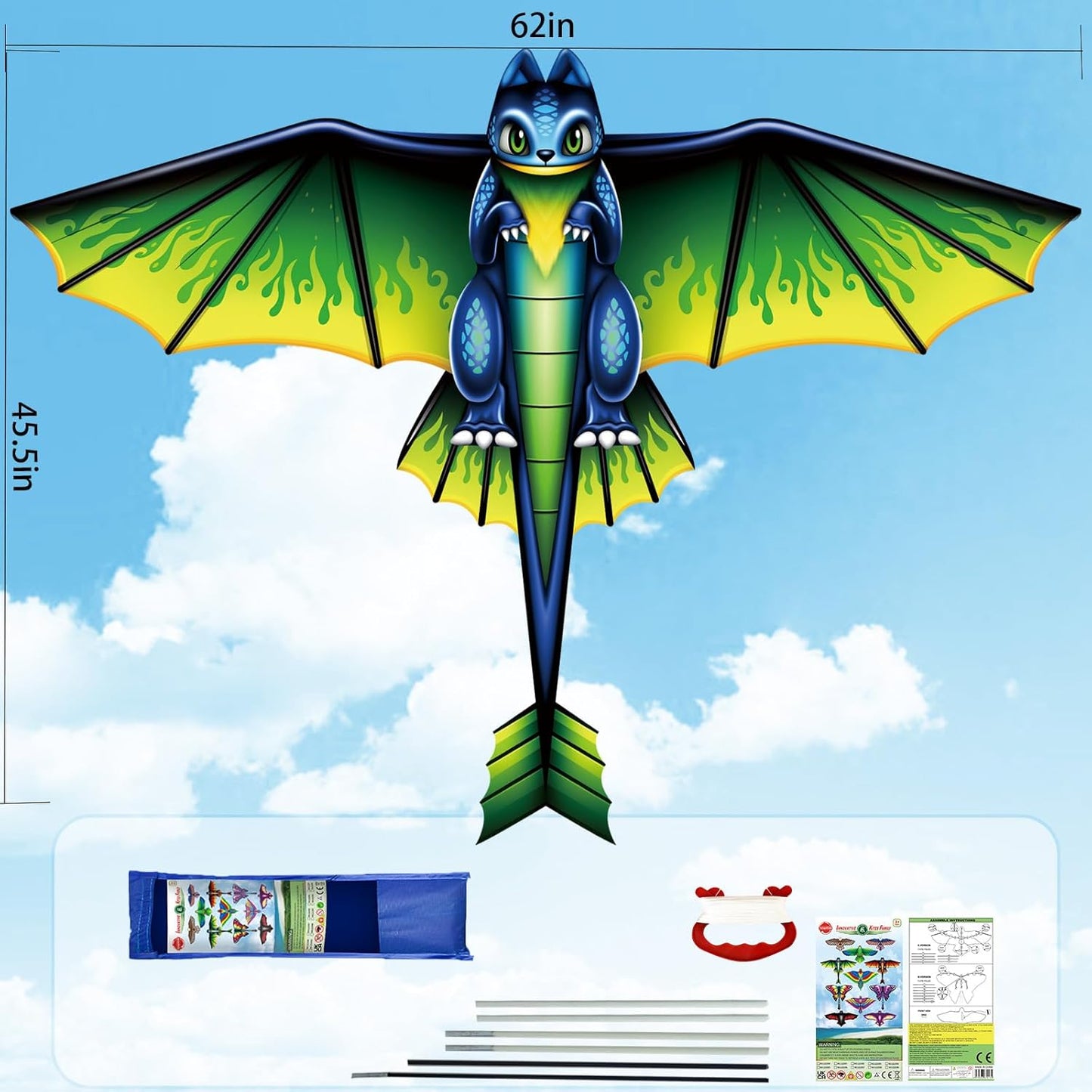 Large Dragon Kite for Children and Adults, Green Dinosaur Kite with 328ft Kite String and Kite Bag, Easy to Fly Kite, Kites for Beach Trip Outdoor Family Activities Party Games