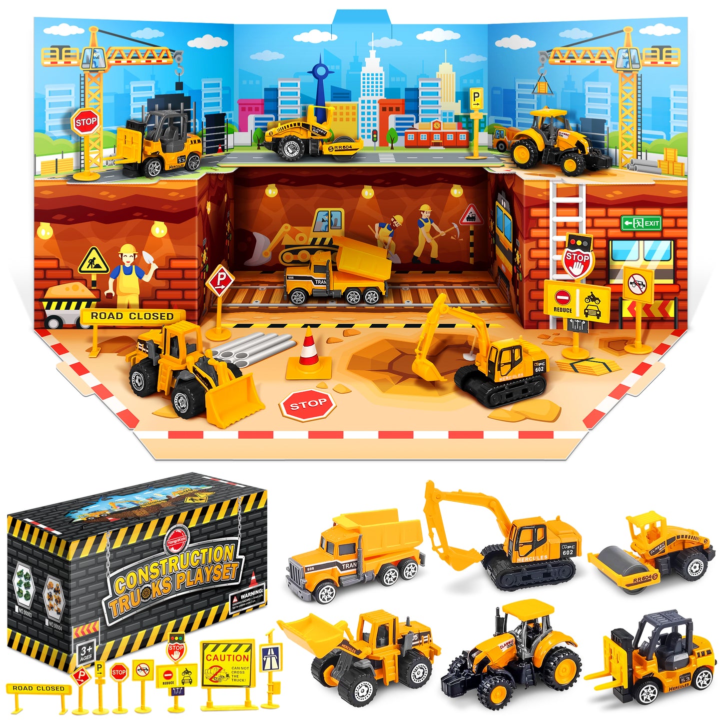 Construction Vehicles Toys - Mini Digger Cake Toppers - Dumper Bulldozer Dump Truck - Small Toy Car Set for Kids Children Boys Girls - Gifts Presents for Age 3 4 5 6 Year Old