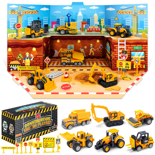 Construction Vehicles Toys - Mini Digger Cake Toppers - Dumper Bulldozer Dump Truck - Small Toy Car Set for Kids Children Boys Girls - Gifts Presents for Age 3 4 5 6 Year Old