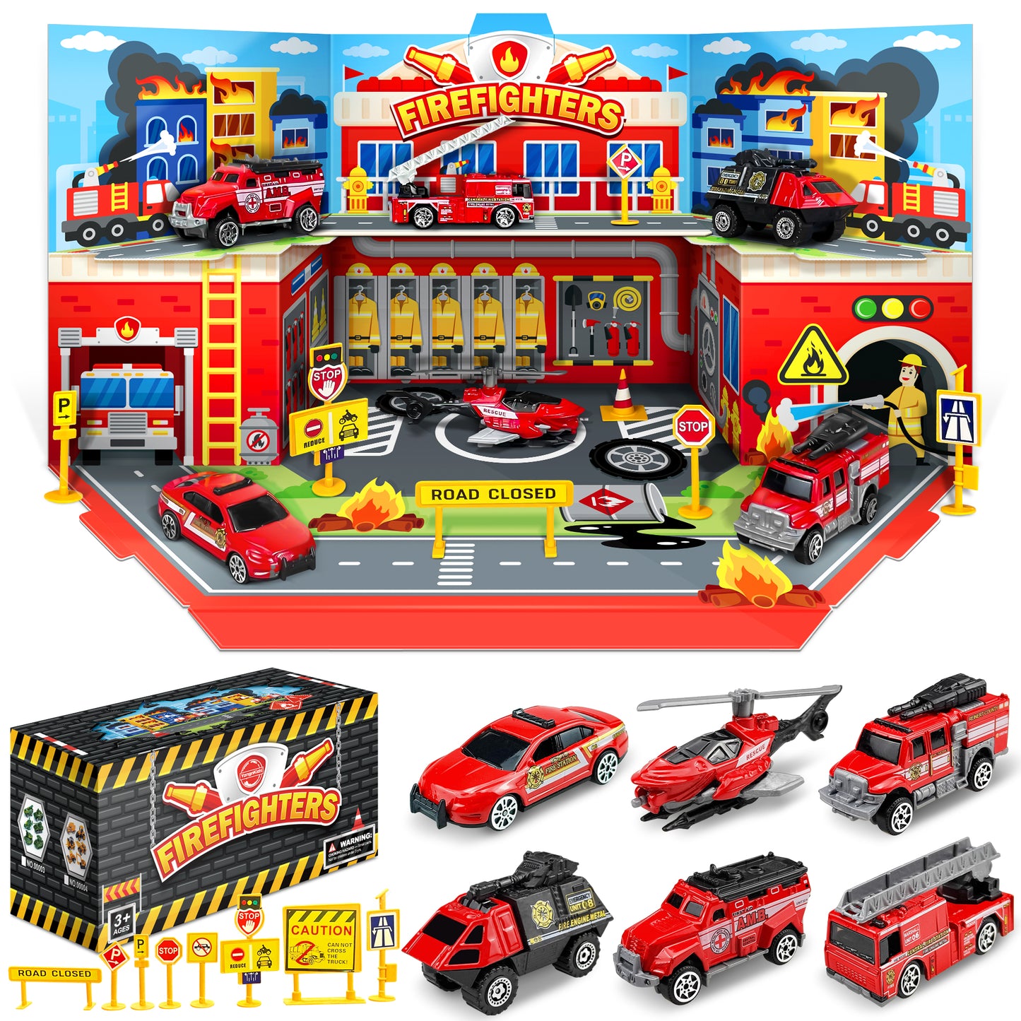 Fire Engine Truck Vehicle Toy Set with Sounds and Lights, Fire Engine Vehicles in Carrier Truck, Mini Rescue Emergency Fire Truck Car Toy, Birthday Gifts Toy for 3+ Years Old Boys