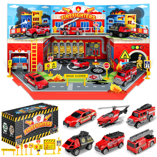 Fire Engine Truck Vehicle Toy Set with Sounds and Lights, Fire Engine Vehicles in Carrier Truck, Mini Rescue Emergency Fire Truck Car Toy, Birthday Gifts Toy for 3+ Years Old Boys