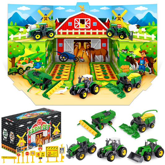 Die Cast Metal Farm Machinery Car Toy Set, Small Toys Vehicle Set , Party Favors Toy,Childs Farm Games,Orchard Toys,Digger Toys,Gift for 3+ Year Old Boys and Girls Birthday with Storage Box,Green