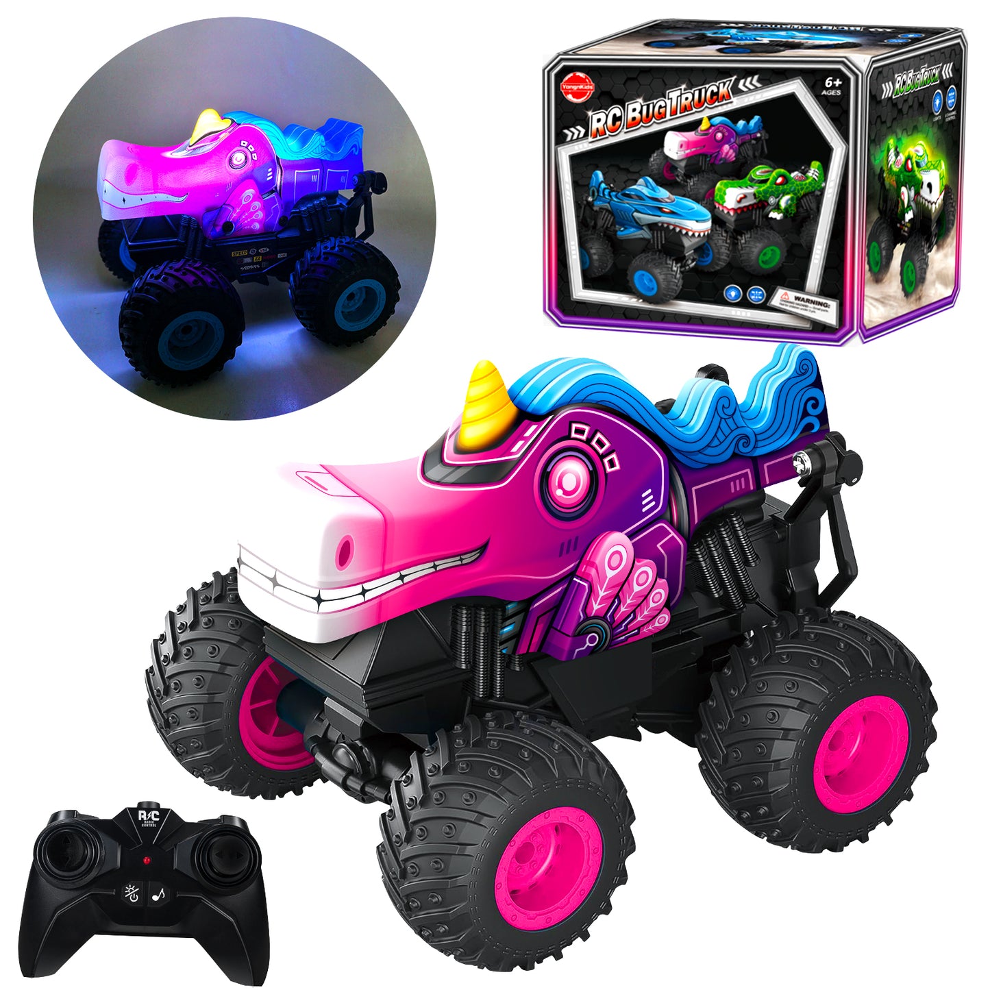 Remote Control Monster Car, All Terrain Remote Control Monster Truck, RC Monster Car Toy Truck with Music LED Light, RC Monster Truck for Boys 4-7 8-12 Girls Kids