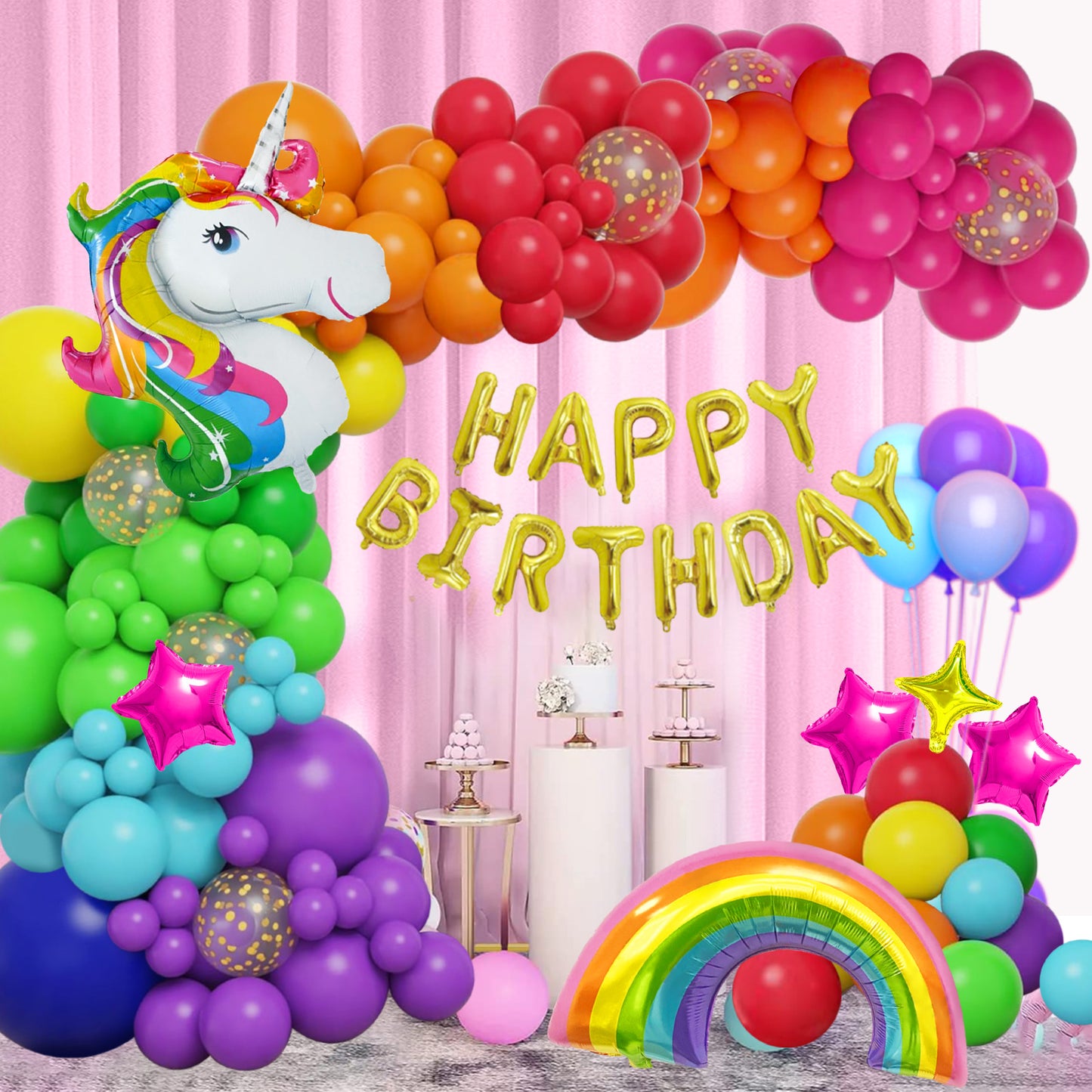 Unicorn Birthday Party Decorations Girl, Pastel Macaron Birthday Balloons with 3D Unicorn, Confetti Balloons, Happy Birthday Banner, Unicorn Cake Toppers Tablecloth for Birthday Decorations Girls