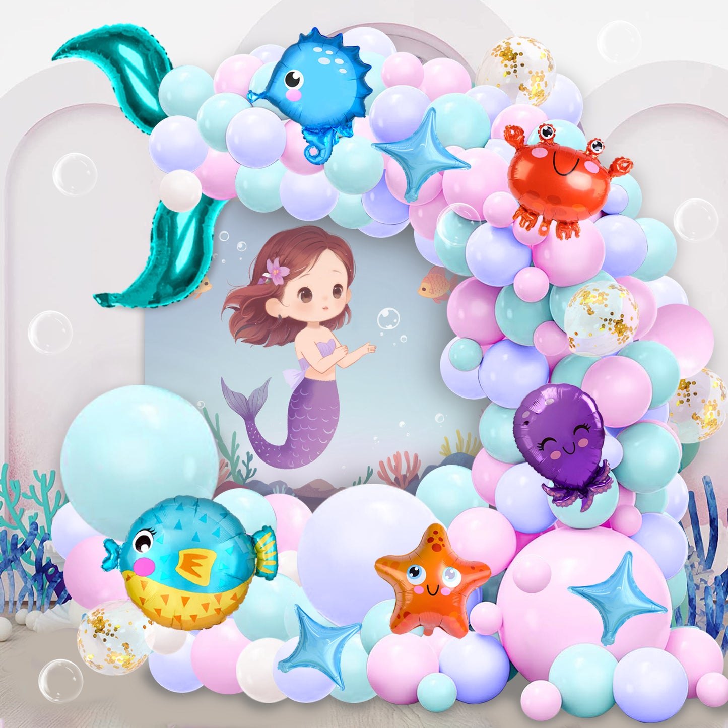 Mermaid Balloon Arch Garland Kit, Mermaid Tail Balloon Garland with Pastel Pink Purple Blue Teal Metallic Latex Balloons for Girls Birthday Baby Shower, Under the Sea Shell Theme Party Decor Supplies