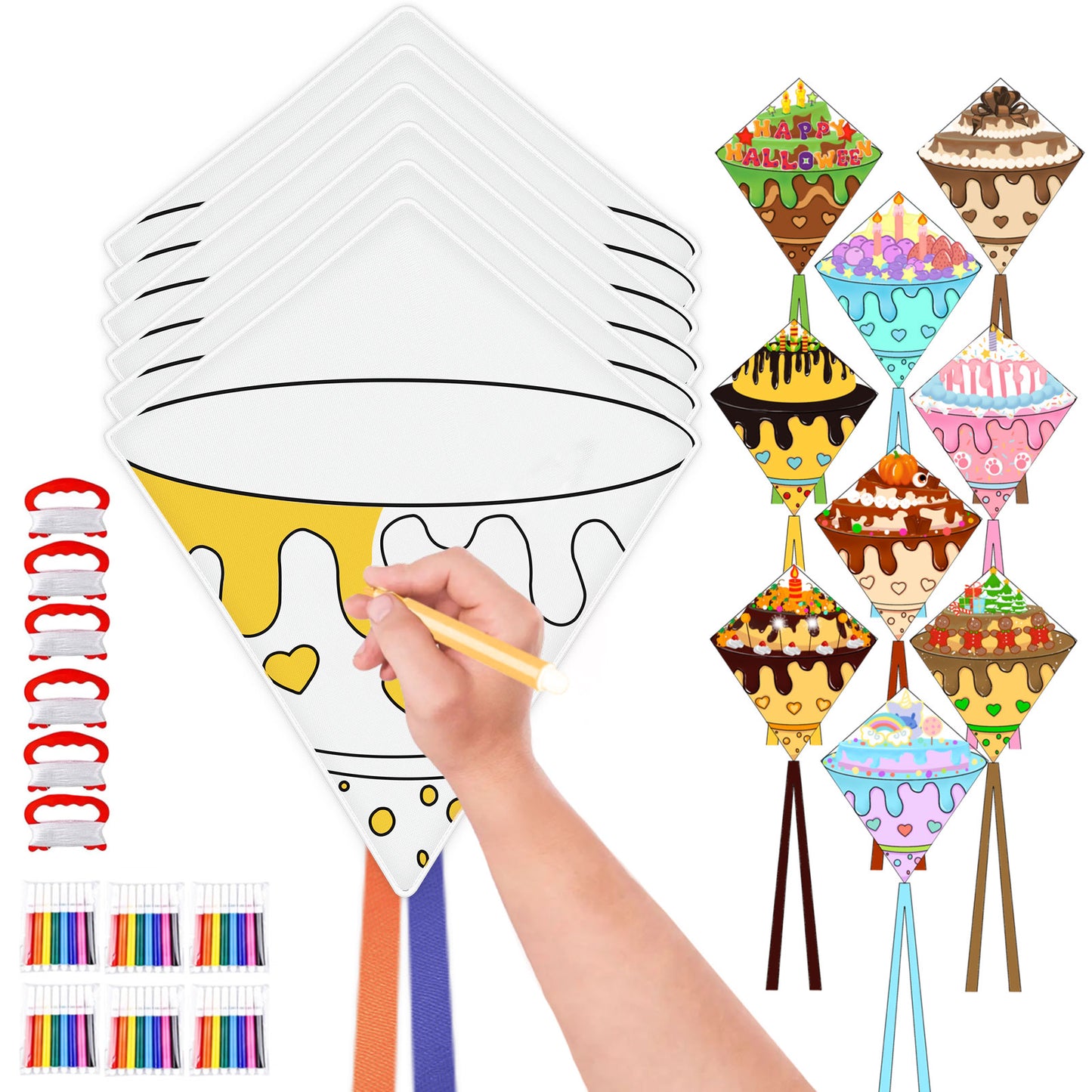 DIY Kites, Diamond Kite for Kids Easy to Fly- Creative Kite with Colorful Pens & Kite Handle for Summer Party Favors, Great Education Toys| Outdoor Beach Backyard Camping Toys