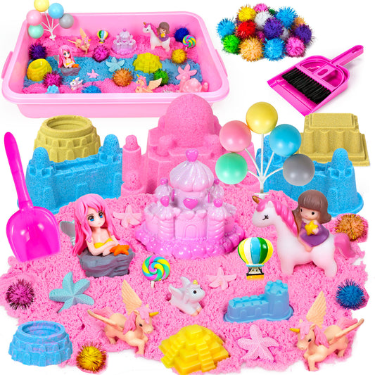 Unicorn Sensory Bin,Play Sand Kit for Girls,Unicorn Toys for Kids,Castle Moulds,Toddler Activities and Sensory Bin Fillers for Toddlers 3+
