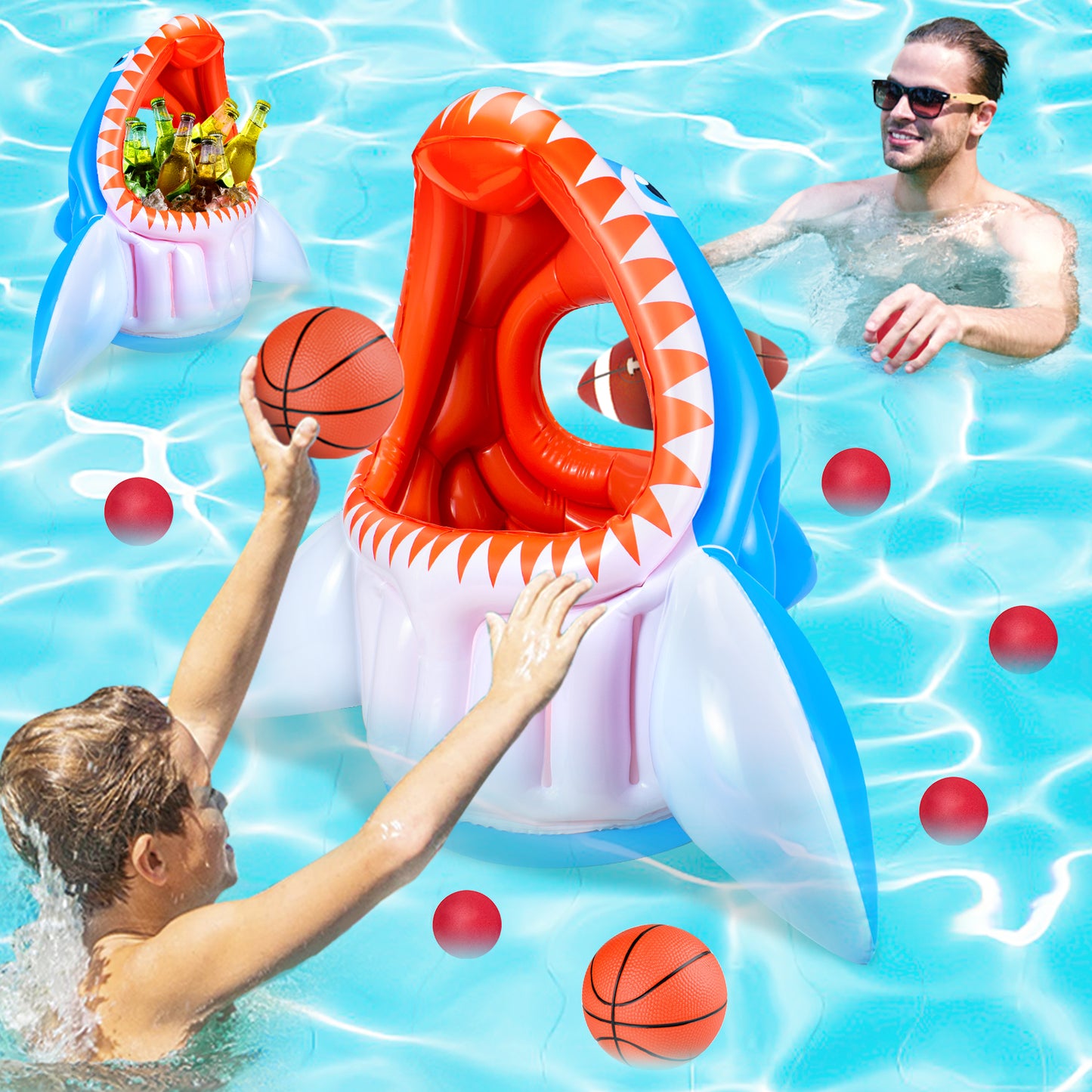 Cool Toys| 3-in-1 Inflatable Basketball & Football & Head Hoop Balls Games Shark Toys for Kids Birthday Gifts, Great Indoor Outdoor Beach Water Pool Game Toys for Boys Girls Adults Party Favors