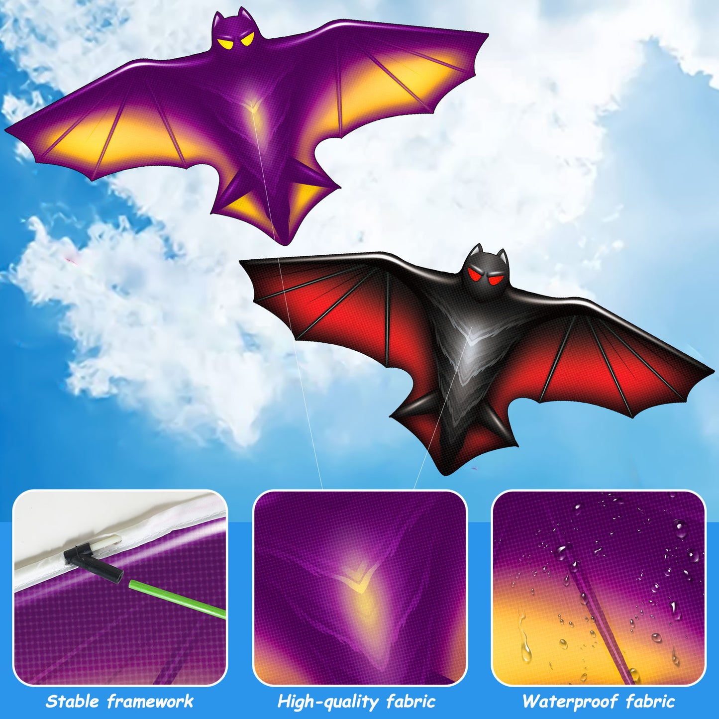 Large Kite for Children and Adults,Purple Bat Kite with 328ft Kite String and Kite Bag,Easy to Fly Kids Kite for Beginners,Kites for Outdoor Family Activities Party Games Easy to Carry