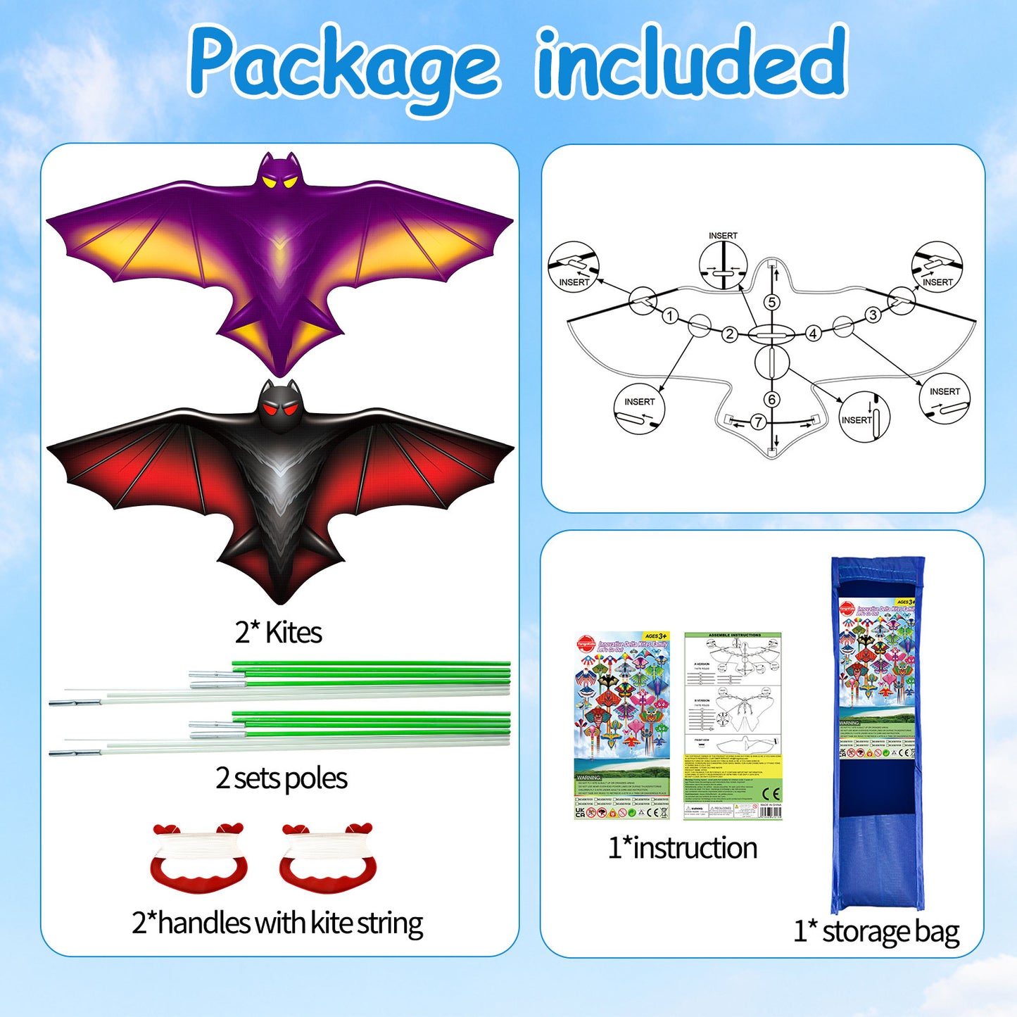 Large Kite for Children and Adults,Purple Bat Kite with 328ft Kite String and Kite Bag,Easy to Fly Kids Kite for Beginners,Kites for Outdoor Family Activities Party Games Easy to Carry