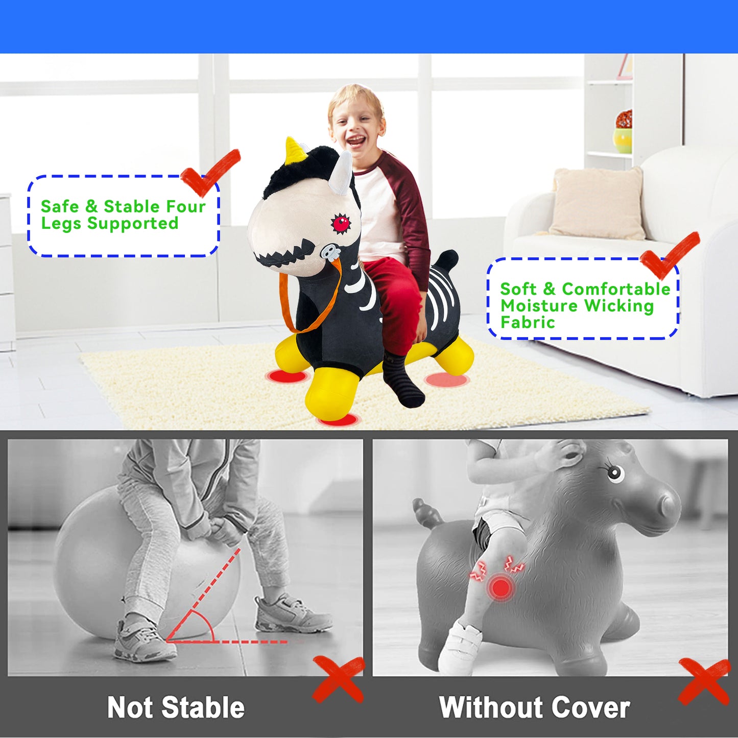 Bouncy Horse - Baby Toys Inflatable Plush Bouncing Dinosaur Hopper, Indoor Outdoor Toys Ride On Animal with Pump for Boys Girls Toddlers Birthday Party Gifts