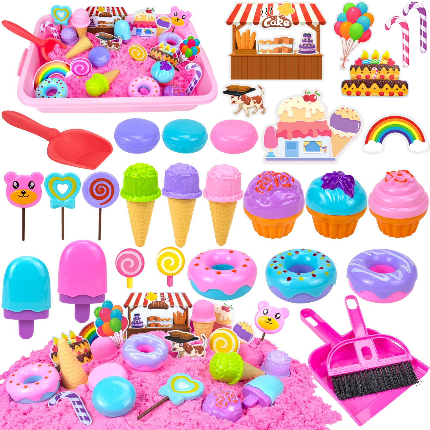 Ice Cream Play Sand Kit, Sensory Bin Toy for Kids, Sandbox Set Toys with Magic Sands, Ice Cream & Cake Models and Tools Creativity Gift Indoor Outdoor Play for Boys Girls Ages 3+