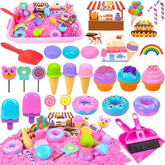 Ice Cream Play Sand Kit, Sensory Bin Toy for Kids, Sandbox Set Toys with Magic Sands, Ice Cream & Cake Models and Tools Creativity Gift Indoor Outdoor Play for Boys Girls Ages 3+