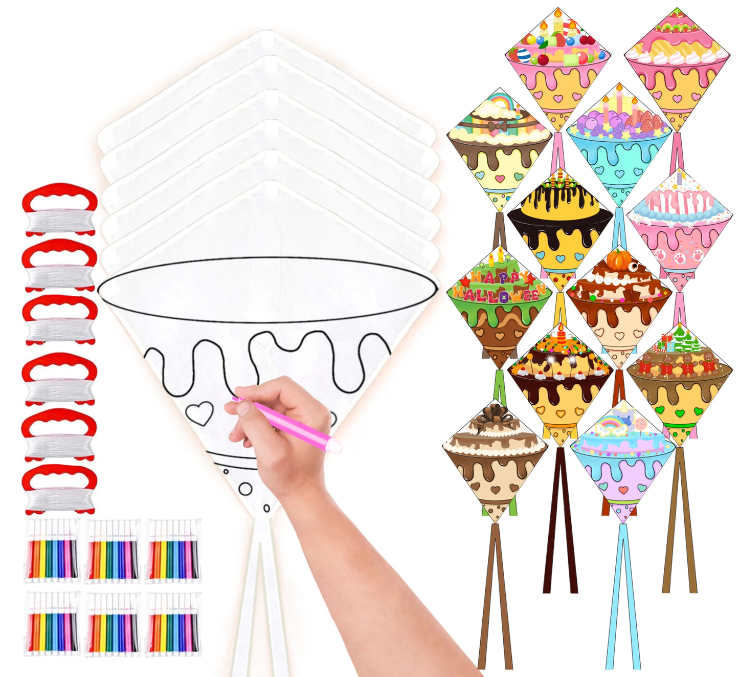 DIY Kites, Diamond Kite for Kids Easy to Fly- Creative Kite with Colorful Pens & Kite Handle for Summer Party Favors, Great Education Toys| Outdoor Beach Backyard Camping Toys