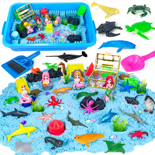 Marine Animal &Mermaid Sensory Bin,Play Sand Art Kit for Girls and Boys with Sensory Play Colored Sand,Treasure Accessories and Sandbox,Beach Toy Christmas Birthday Present for Kids Ages 3 4 5 6 7 8