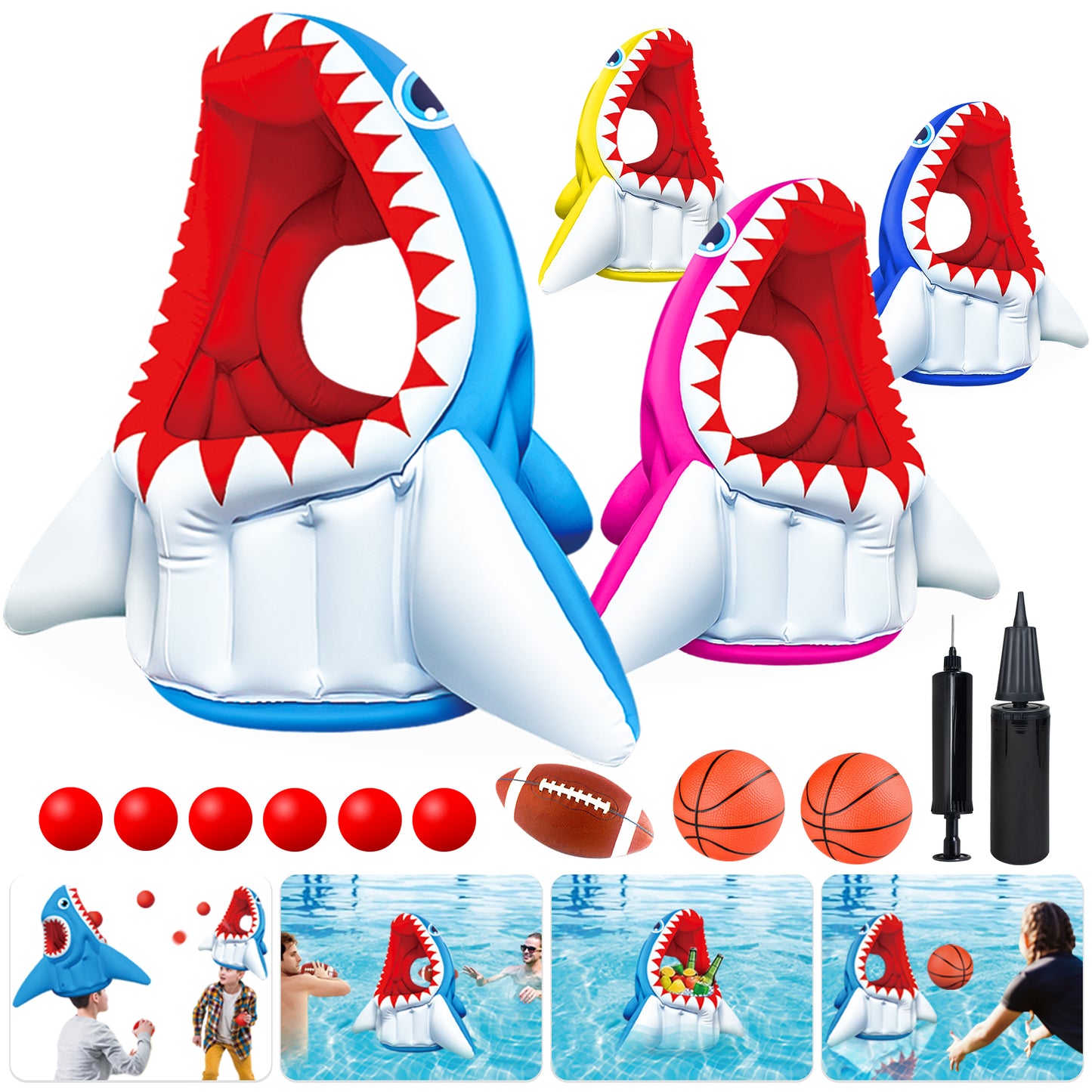 Cool Toys| 3-in-1 Inflatable Basketball & Football & Head Hoop Balls Games Shark Toys for Kids Birthday Gifts, Great Indoor Outdoor Beach Water Pool Game Toys for Boys Girls Adults Party Favors