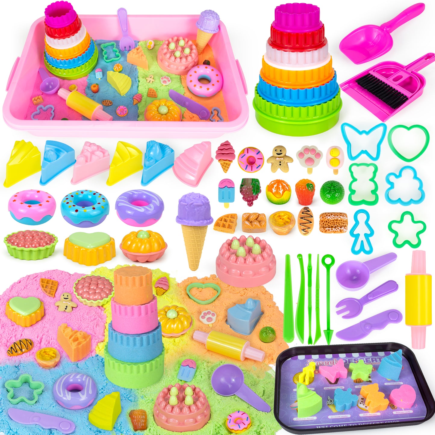Ice Cream & Cake Play Sand for Kids with Sandbox Magic Sand Cake Moulds Play Money Ice Cream Toys Kids, Sensory Bin Set Toys Gifts for 3 4 5 6 7 8 Year Old Girls