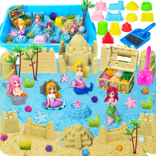 Mermaid Sensory Bin,Play Sand Art Kit for Girls and Boys with 1KG Sensory Play Colored Sand,Treasure Accessories and Sandbox,Beach Toy Christmas Birthday Present for Kids Ages 3 4 5 6 7 8
