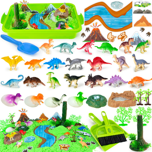 Dinosaur Play Sand Kit - 48Pcs Sensory Bin Sandbox Set Include Cardboards & Dinsoaur Figures & 2 lbs Sand & Cleaning kit & Trees & Rocks for 3 4 5 6-9 Years Old Toddlers Kids Boys Easter Gift