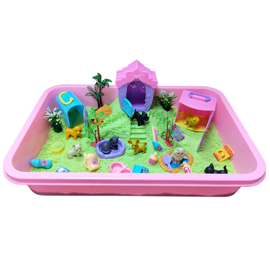 Pet Sensory Bin & Moldable Sensory Sand Kit,Pet Play Set and Sandbox with Lid,Dog and Cat Toddler Toys for Kids,Pet Care Play Set Sensory Bin for Kids 3-7 & Up- Kids Gifts for Boys and Girls