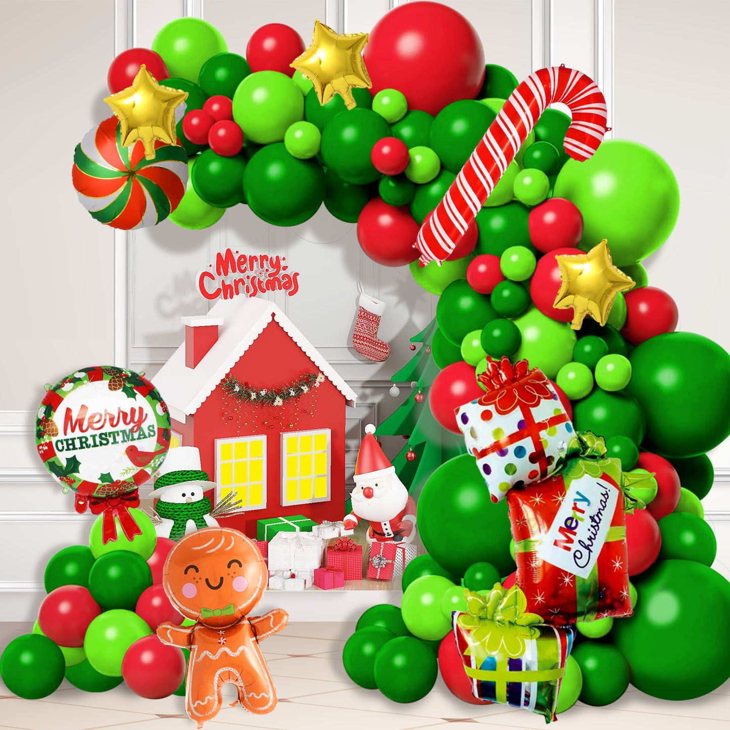 Merry Christmas Balloon Garland Arch Kit Include Xmas Latex Balloons Candy Foil and Candy Cane Balloons for Wintertime Holiday New Year Birthday Party Decoration Supplies(Red and Green)