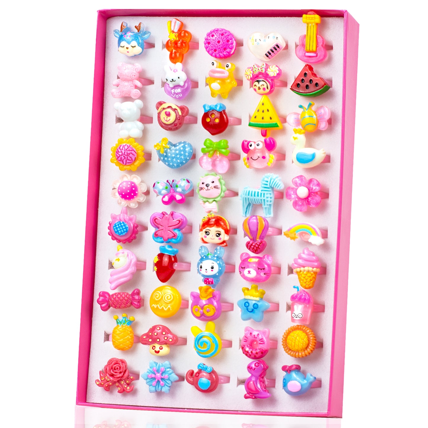 50 Lovely Jewelry Rings for Little Girls, Adjustable and No Duplication, Girls Pretend Play and Dress Up Rings with Gift Box