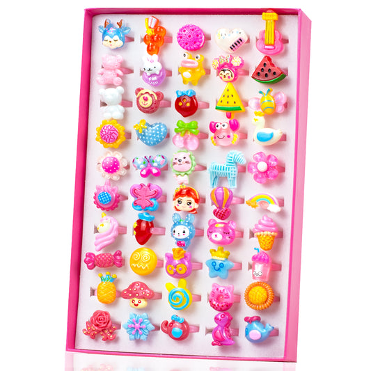 50 Lovely Jewelry Rings for Little Girls, Adjustable and No Duplication, Girls Pretend Play and Dress Up Rings with Gift Box