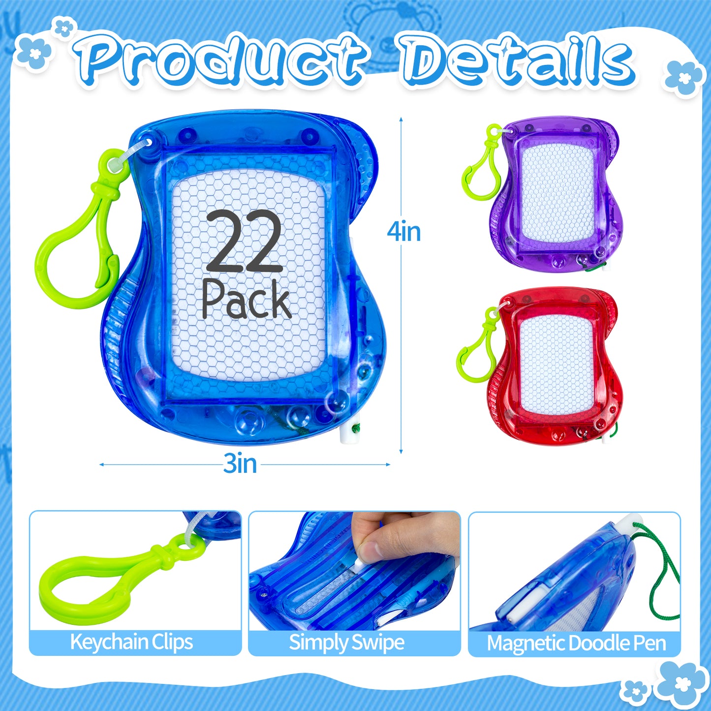 Mini Magnetic Drawing Board for Kids - Pack of 22, Backpack Keychain Clip Drawing Pad, Erasable Sketch Pad for Boys and Girls, Birthday Party Favour, Goodie Bag Filler