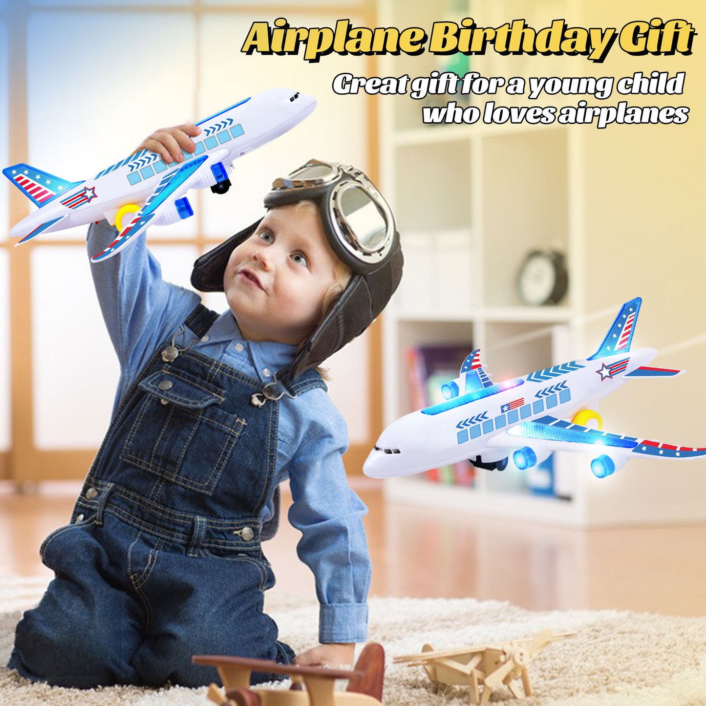 Big Planes Toys for 3 4 5 6 8 Year Old Boys Girls,Toddler Toys, Airplane Model with LED Lights and Sounds and Universal Wheel, Sensory Toddler Autism Toys for Kids Birthday Festive Days Gift, Blue