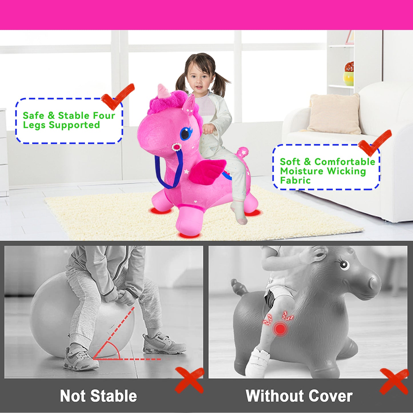 Bouncy Horse - Baby Toys Inflatable Plush Bouncing Dinosaur Hopper, Indoor Outdoor Toys Ride On Animal with Pump for Boys Girls Toddlers Birthday Party Gifts