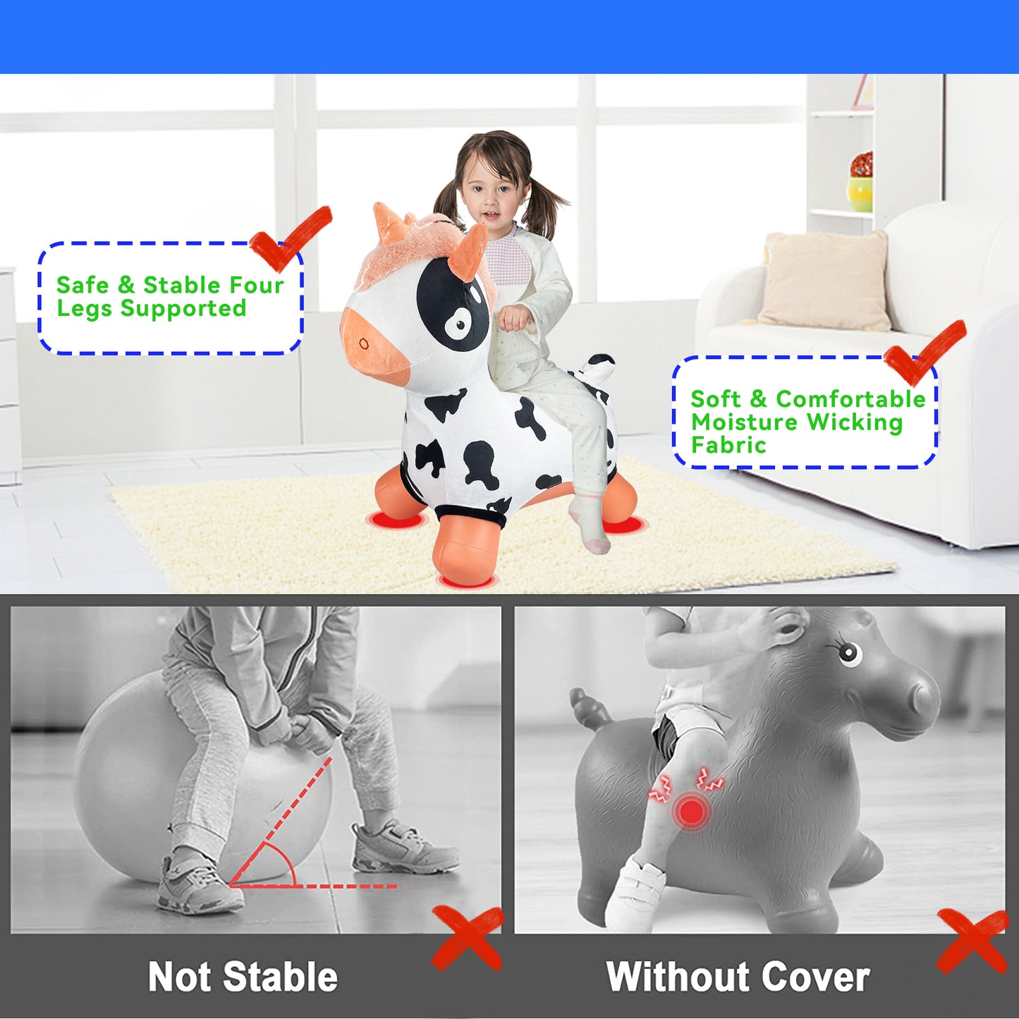 Bouncy Horse - Baby Toys Inflatable Plush Bouncing Dinosaur Hopper, Indoor Outdoor Toys Ride On Animal with Pump for Boys Girls Toddlers Birthday Party Gifts