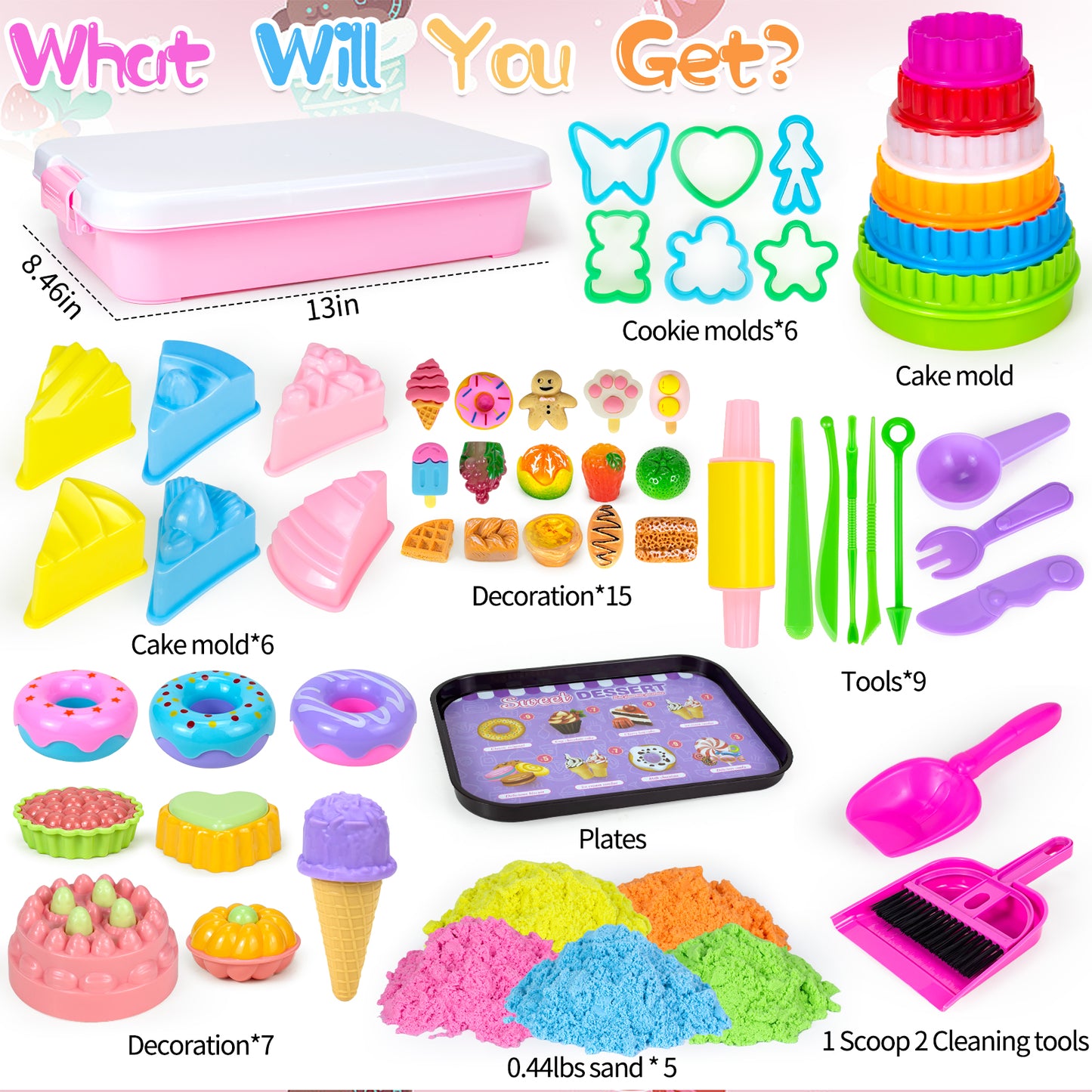 Ice Cream & Cake Play Sand for Kids with Sandbox Magic Sand Cake Moulds Play Money Ice Cream Toys Kids, Sensory Bin Set Toys Gifts for 3 4 5 6 7 8 Year Old Girls