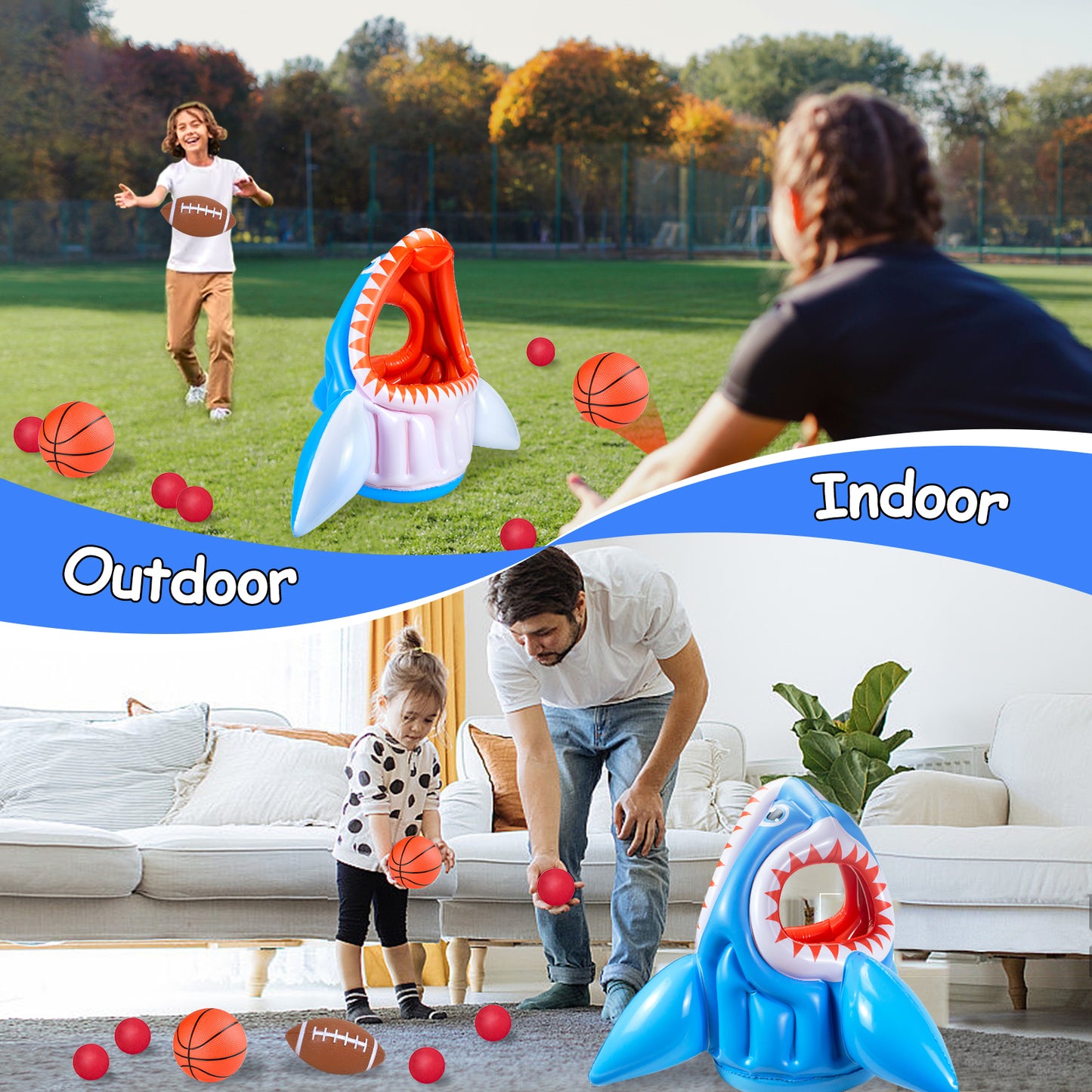 Cool Toys| 3-in-1 Inflatable Basketball & Football & Head Hoop Balls Games Shark Toys for Kids Birthday Gifts, Great Indoor Outdoor Beach Water Pool Game Toys for Boys Girls Adults Party Favors