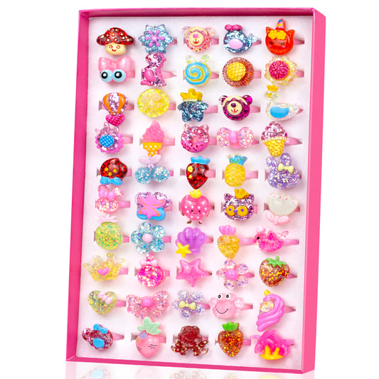 50 Lovely Jewelry Rings for Little Girls, Adjustable and No Duplication, Girls Pretend Play and Dress Up Rings with Gift Box