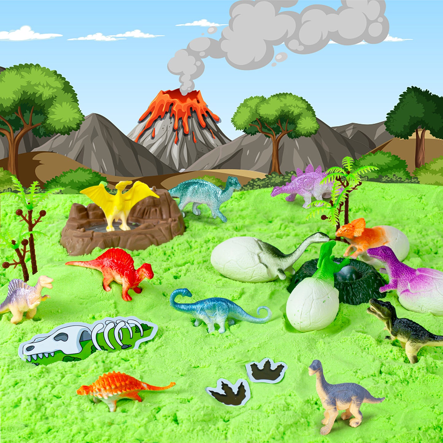 Dinosaur Play Sand Kit - 48Pcs Sensory Bin Sandbox Set Include Cardboards & Dinsoaur Figures & 2 lbs Sand & Cleaning kit & Trees & Rocks for 3 4 5 6-9 Years Old Toddlers Kids Boys Easter Gift