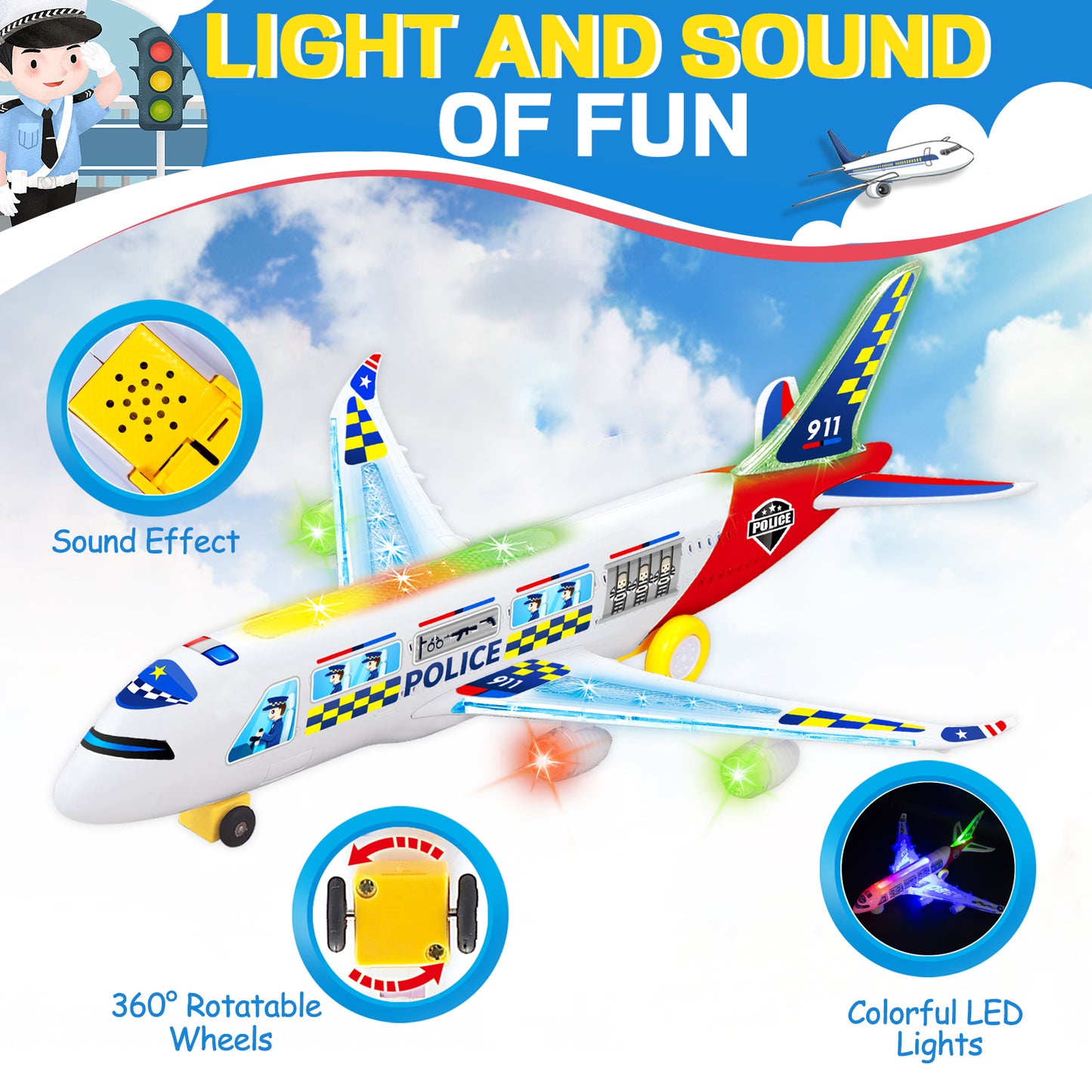Big Planes Toys for 3 4 5 6 8 Year Old Boys Girls,Toddler Toys, Airplane Model with LED Lights and Sounds and Universal Wheel, Sensory Toddler Autism Toys for Kids Birthday Festive Days Gift