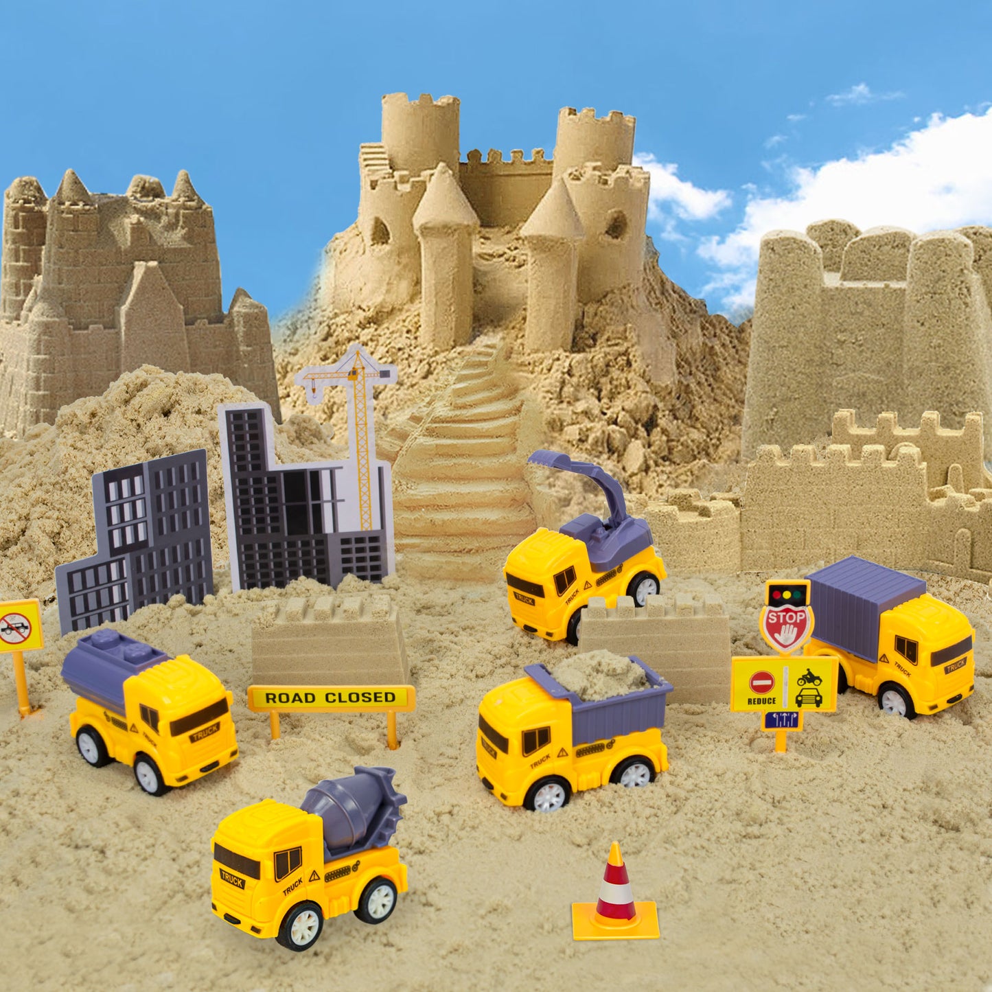 Construction Sand Toys, Kids Play Sand Kit Included 2.2lbs Magic Sand, Crane, 6 Construction Vehicles, 8 Signs, 12 Molds, Beach Building Sand Castle Sensory Bin Toy for Toddlers Boys