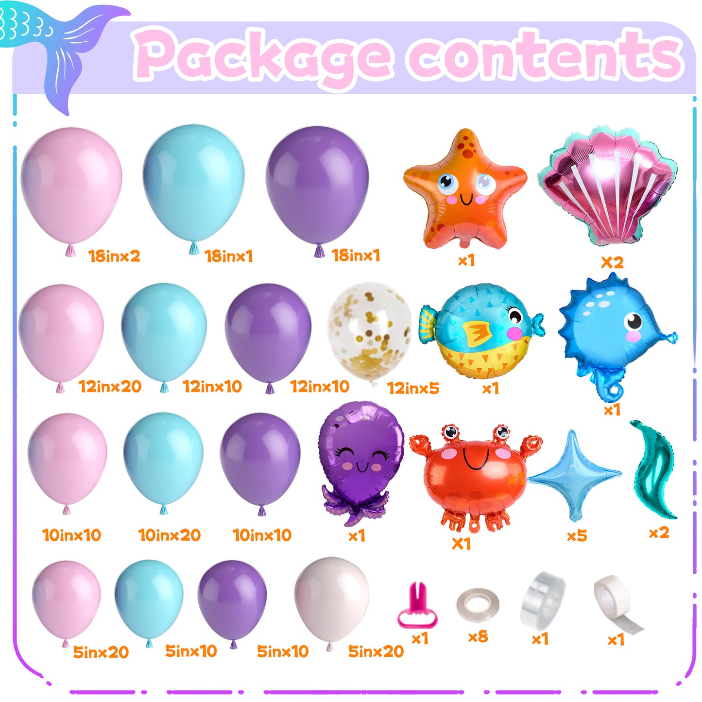 Mermaid Balloon Arch Garland Kit, Mermaid Tail Balloon Garland with Pastel Pink Purple Blue Teal Metallic Latex Balloons for Girls Birthday Baby Shower, Under the Sea Shell Theme Party Decor Supplies
