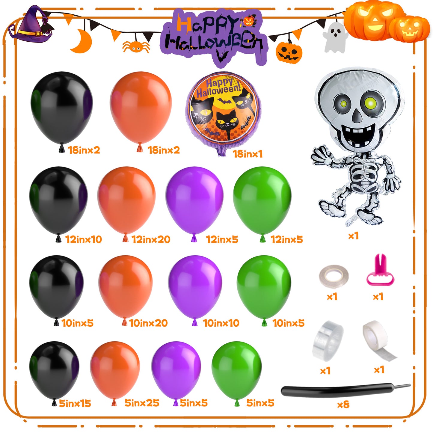 Halloween Balloon Garland Arch Kit, Black White Orange Silver Agate Balloons for Halloween Day Party Background Decorations