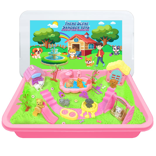 Pet Sensory Bin & Moldable Sensory Sand Kit,Pet Play Set and Sandbox with Lid,Dog and Cat Toddler Toys for Kids,Pet Care Play Set Sensory Bin for Kids 3-7 & Up- Kids Gifts for Boys and Girls