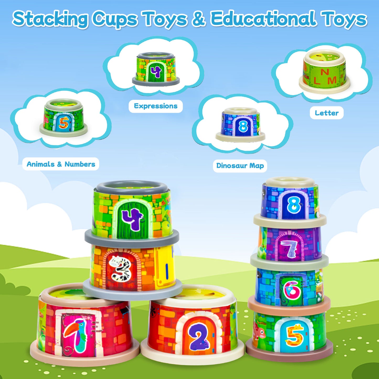 Stacking Cups Toys for Toddlers 1-3, Baby Toys Multifunctional Stacking Cups & Nesting Cups & Sorting Blocks for Montessori Educational- Number,Letter,Puzzles Learning