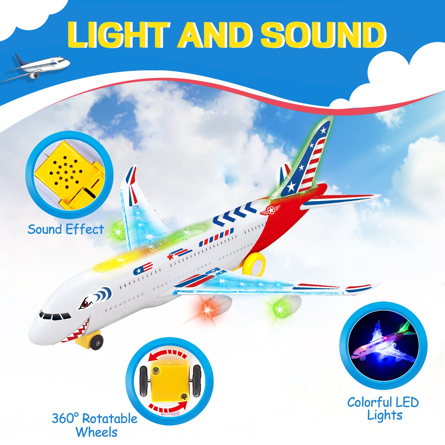 Big Planes Toys for 3 4 5 6 8 Year Old Boys Girls,Toddler Toys, Airplane Model with LED Lights and Sounds and Universal Wheel, Sensory Toddler Autism Toys for Kids Birthday Festive Days Gift, Red