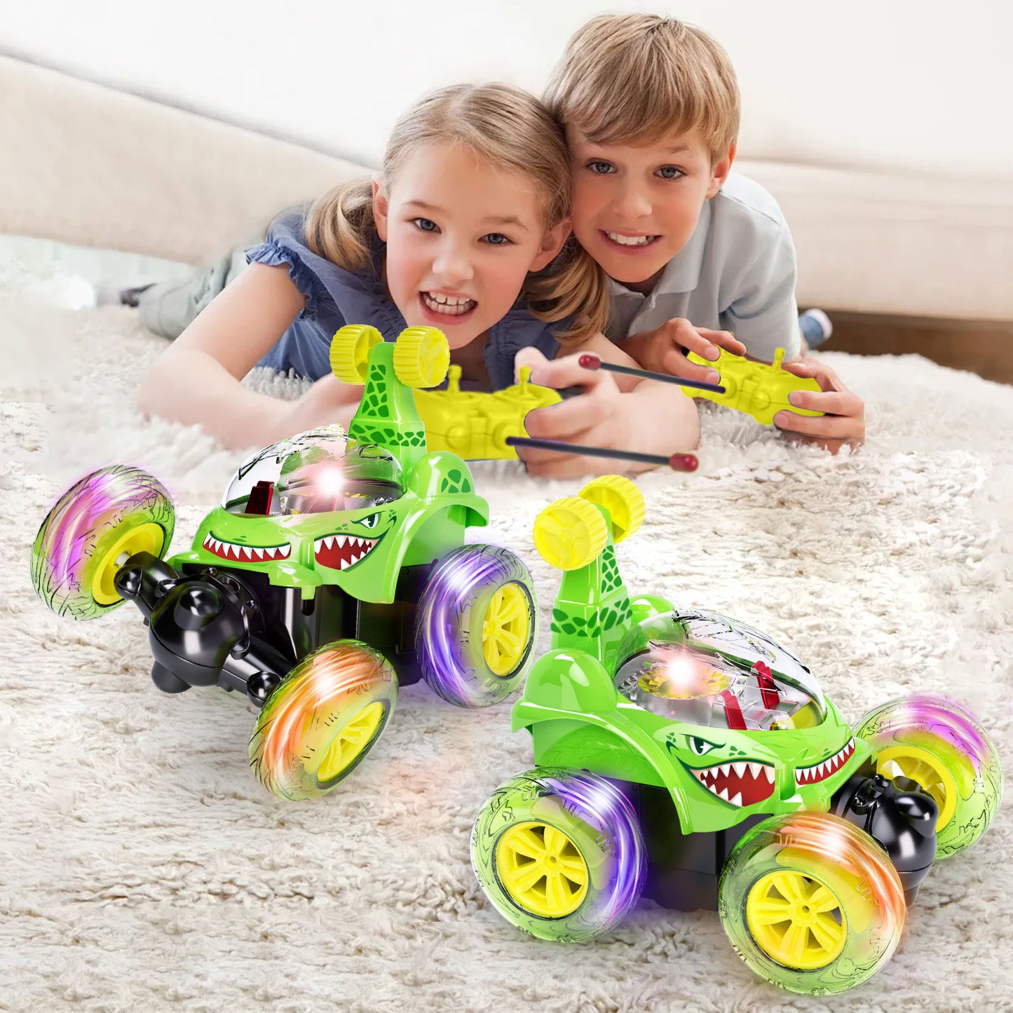 Remote Control Cars, Toy Cars for Kids Age 3 4 5 6, RC Stunt Car with LED Light,Green Shark Gifts for Girls & Boys, Shark Toys for 3 4 5 6 Year Old Girls & Boys