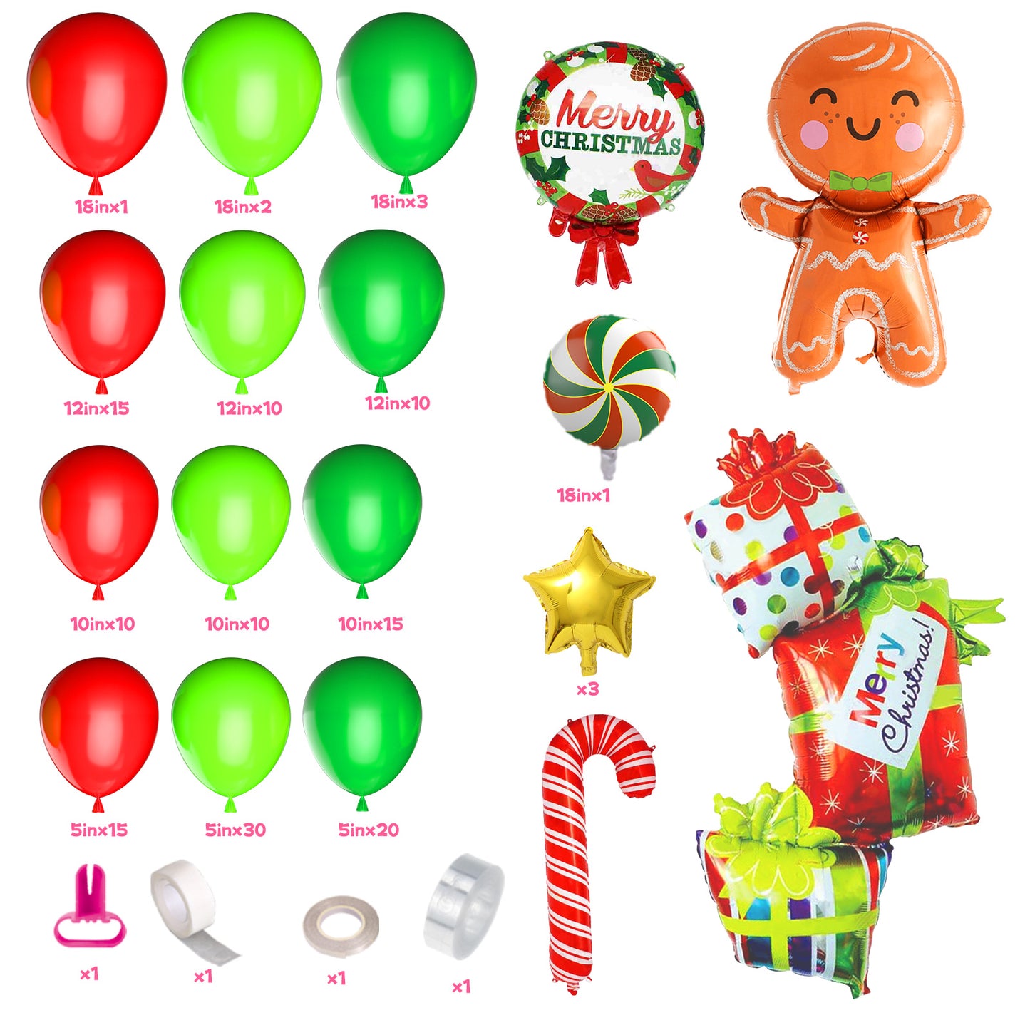 Merry Christmas Balloon Garland Arch Kit Include Xmas Latex Balloons Candy Foil and Candy Cane Balloons for Wintertime Holiday New Year Birthday Party Decoration Supplies(Red and Green)