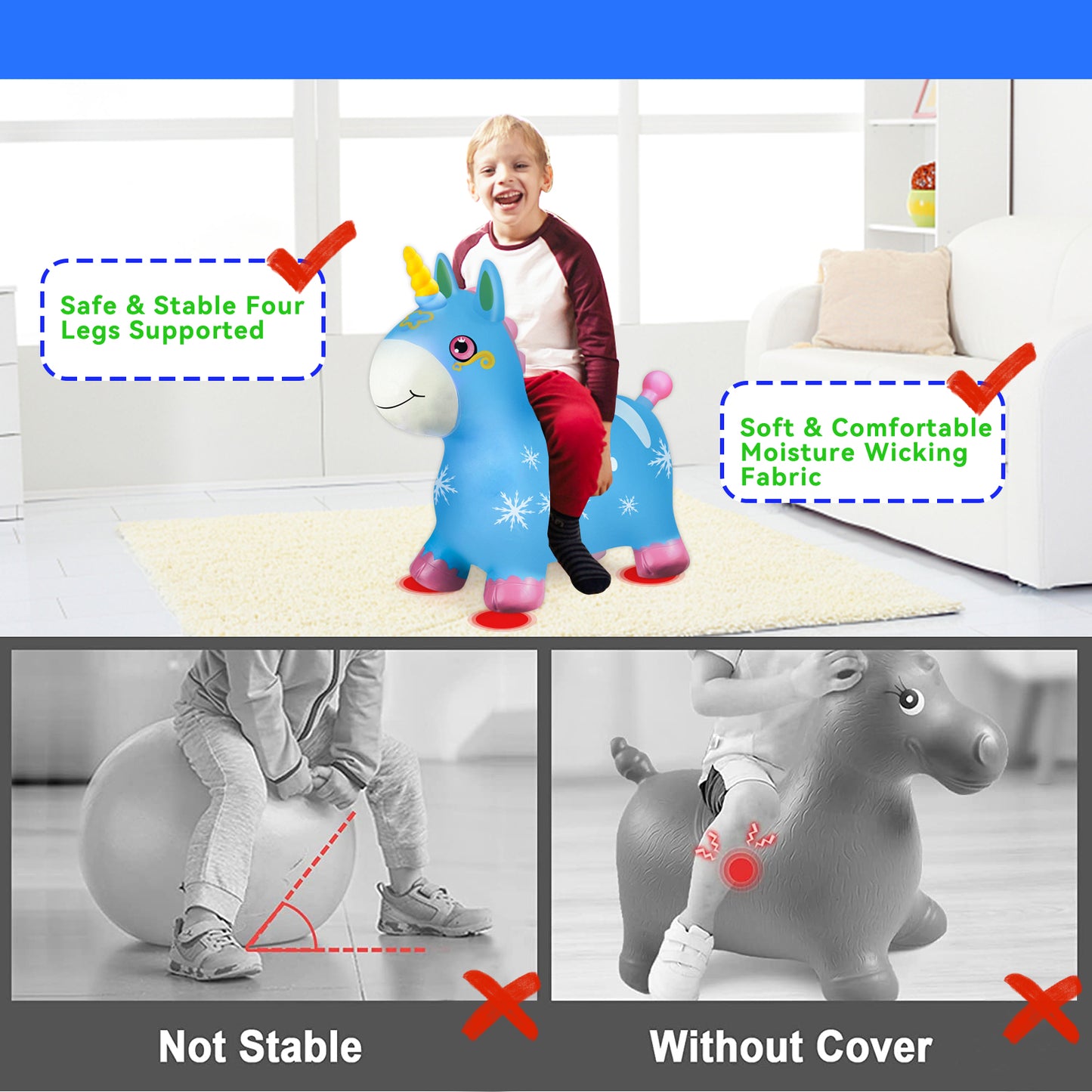 Bouncy Horse - Baby Toys Inflatable Plush Bouncing Dinosaur Hopper, Indoor Outdoor Toys Ride On Animal with Pump for Boys Girls Toddlers Birthday Party Gifts