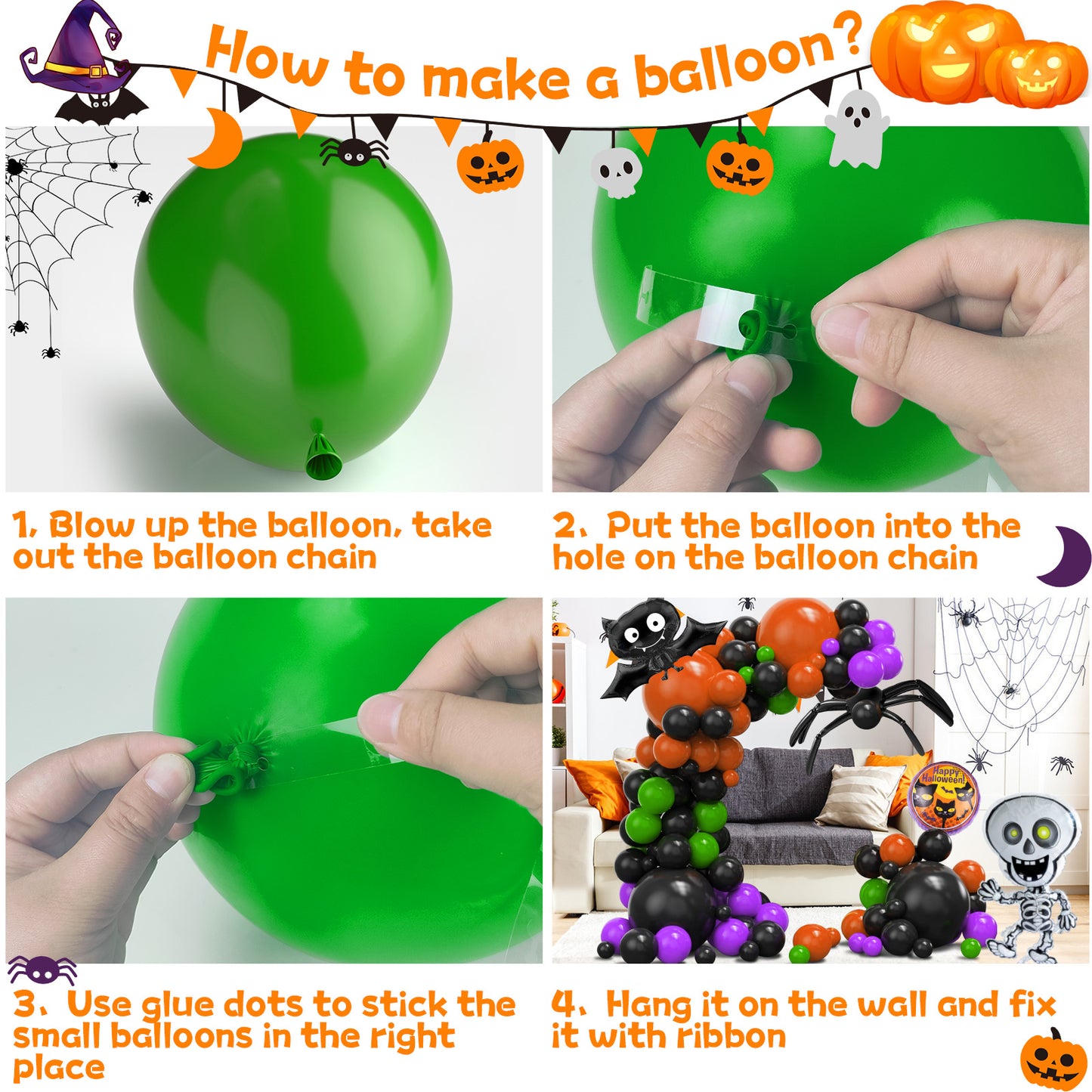 Halloween Balloon Garland Arch Kit, Black White Orange Silver Agate Balloons for Halloween Day Party Background Decorations