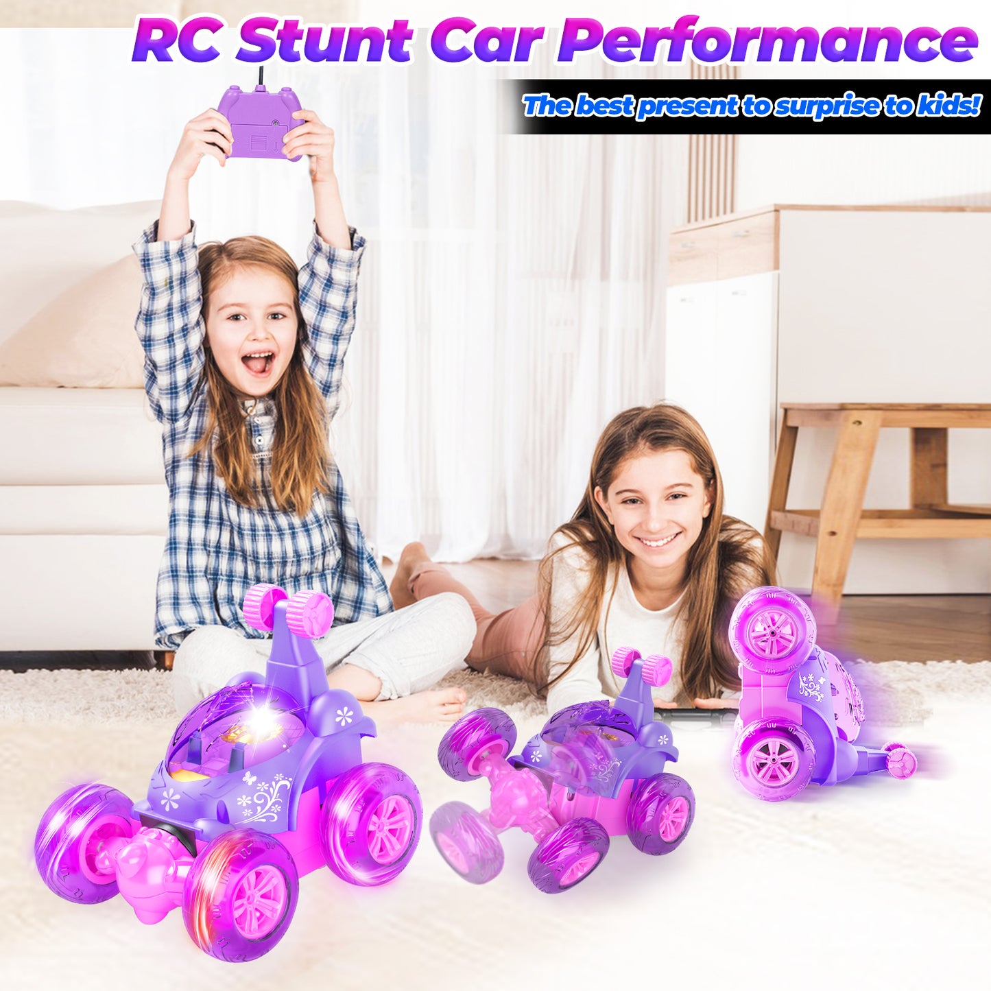 Remote Control Cars, Toy Cars for Kids Age 3 4 5 6, RC Stunt Car with LED Light, Pink Gifts for Girls, Unicorn Toys for 3 4 5 6 Year Old Girls