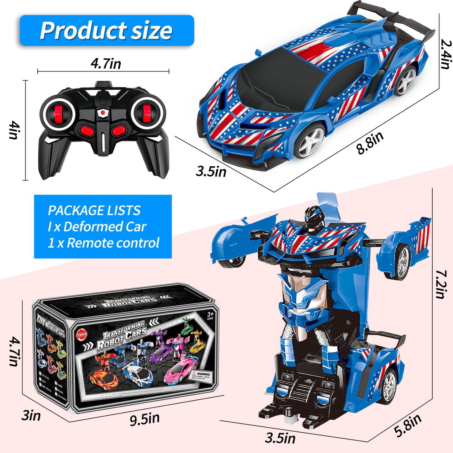 Remote Control Car Transform Car Robot Toy for Kids,1:18 Scale High Speed RC Cars Racing Car with 360°Rotating for Boys 3 4 5 6 7 8 9 Years Old Birthday